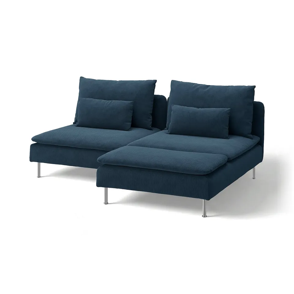 Dark blue SÖDERHAMN sectional sofa with chrome legs and corduroy upholstery.