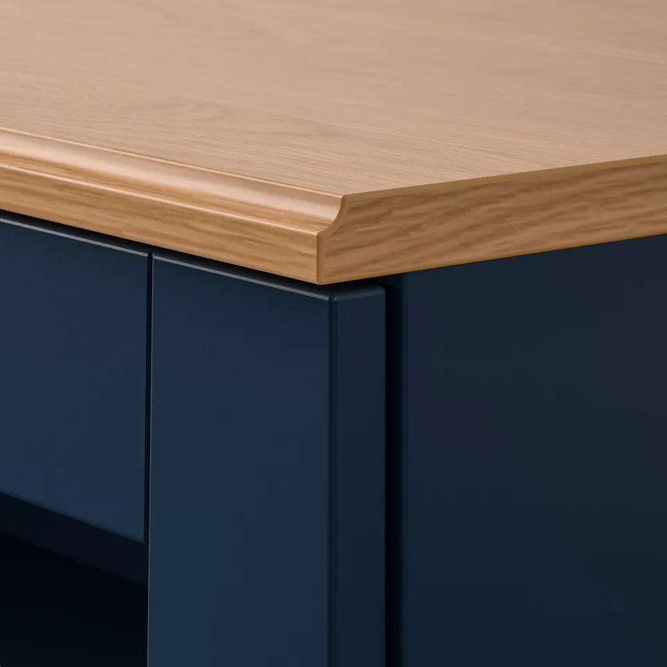 SKRUVBY glass-door cabinet close-up: oak-finished top, grey base, strong glass door.