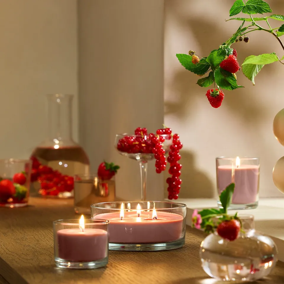 LOTSFÅGEL Scented candle in glass, Red berries light pink, 20 hr