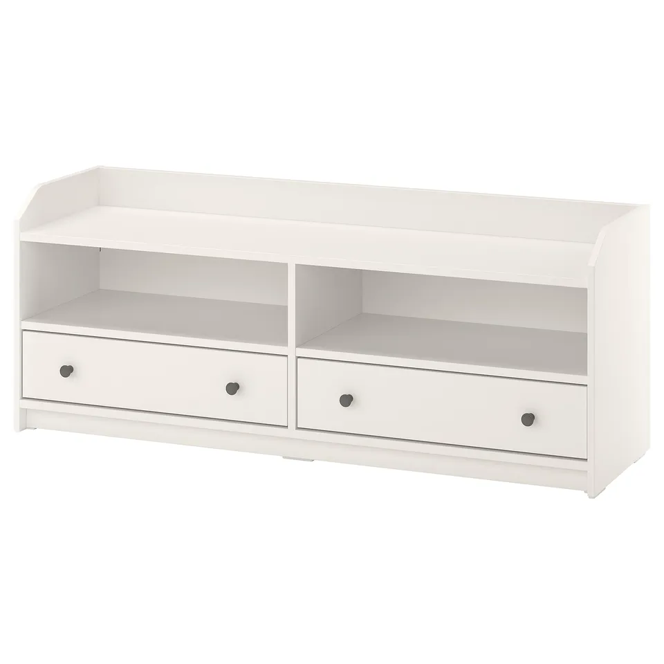 White HAUGA tv bench with two drawers and open shelves, sleek and modern design.