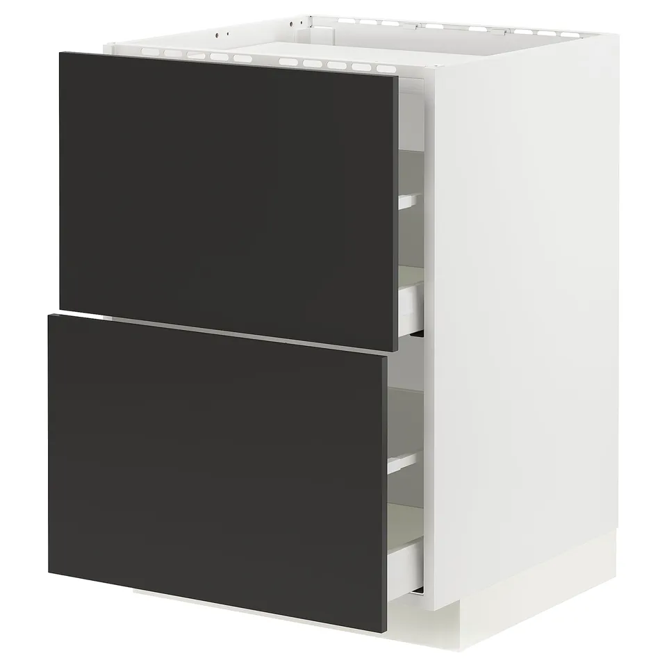 Modern kitchen cabinet in white and black with drawer units.