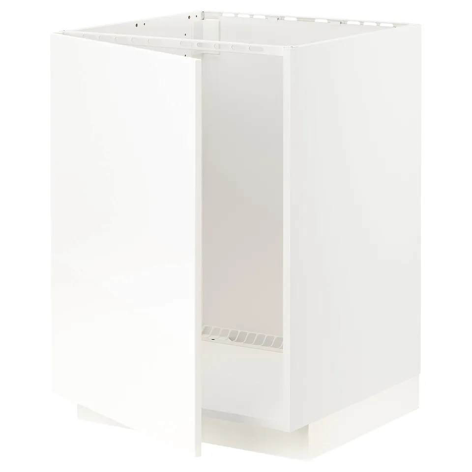 White METOD kitchen cabinet with square design, made of fibreboard and particleboard, featuring snap-on hinges.