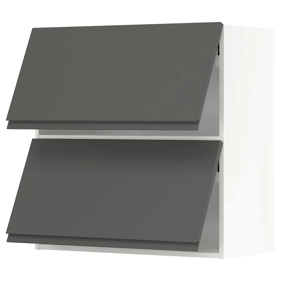 Two dark grey modern kitchen cabinets with sleek handles, stacked vertically.