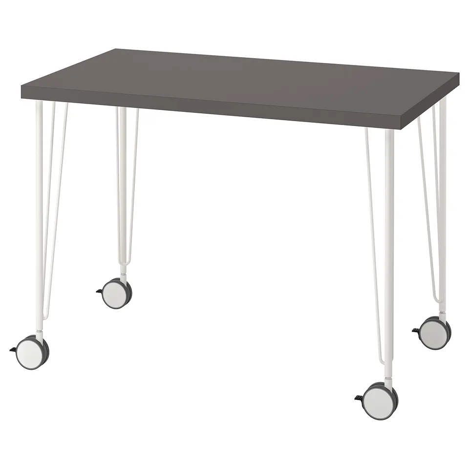 LINNMON desk, grey top, white legs with wheels.