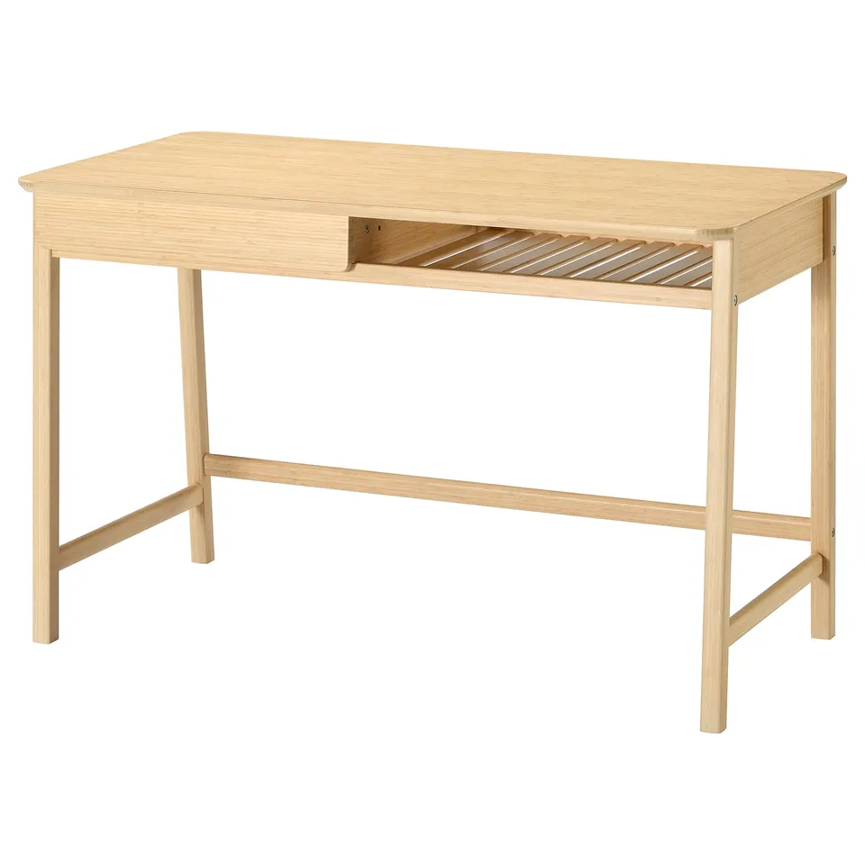 BETESHÄST desk: natural bamboo, rectangular, simple design, two legs, open shelf, minimalist.