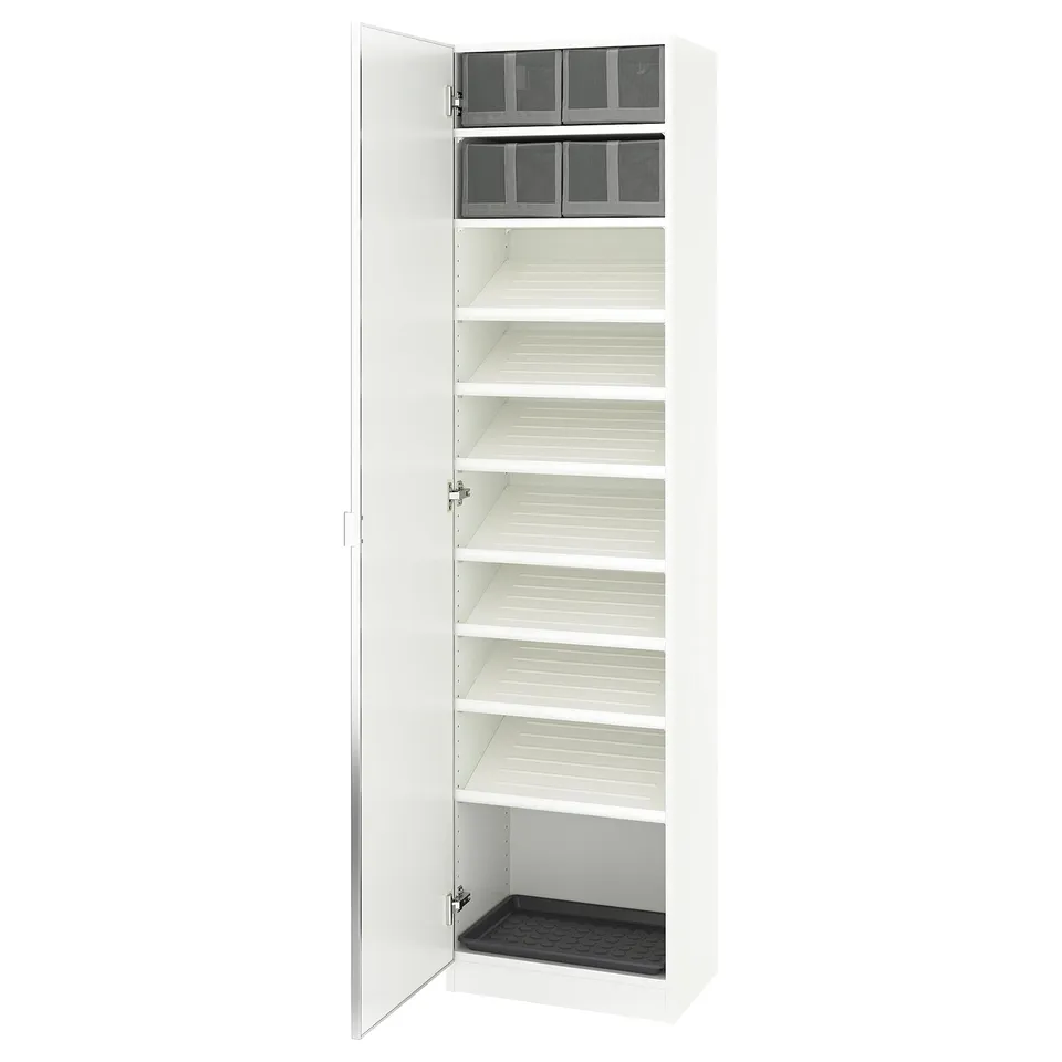White PAX wardrobe with mirrored doors, six empty shelves, adjustable feet, and soft-close hinges.