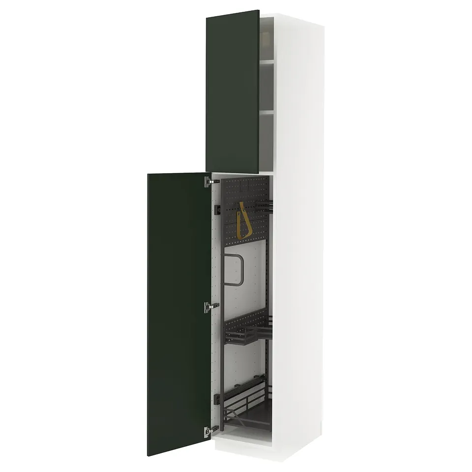Open white cabinet with green door, revealing shelves and cleaning tools.