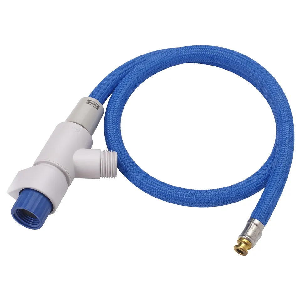 Blue shower diverter hose with grey adapter, collects cold water for reuse.