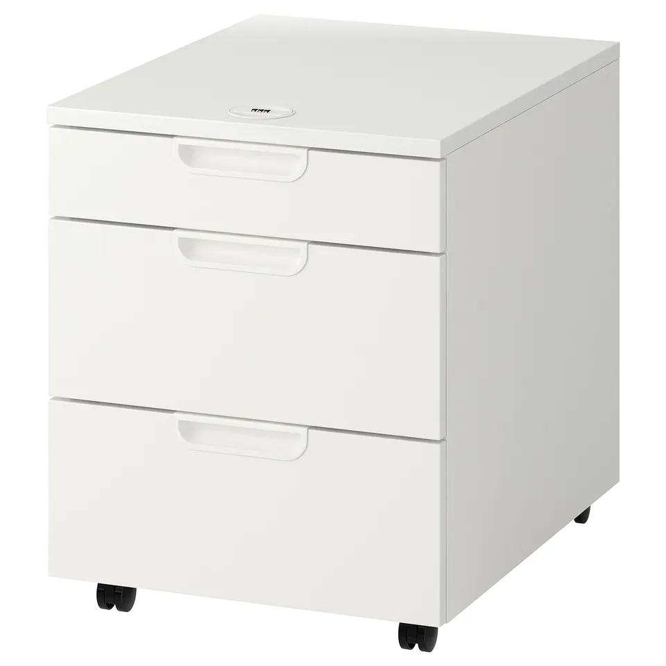 A white GALANT mobile filing cabinet. It has three drawers with a sleek design and smooth-closing mechanism, supported by casters for easy movement.