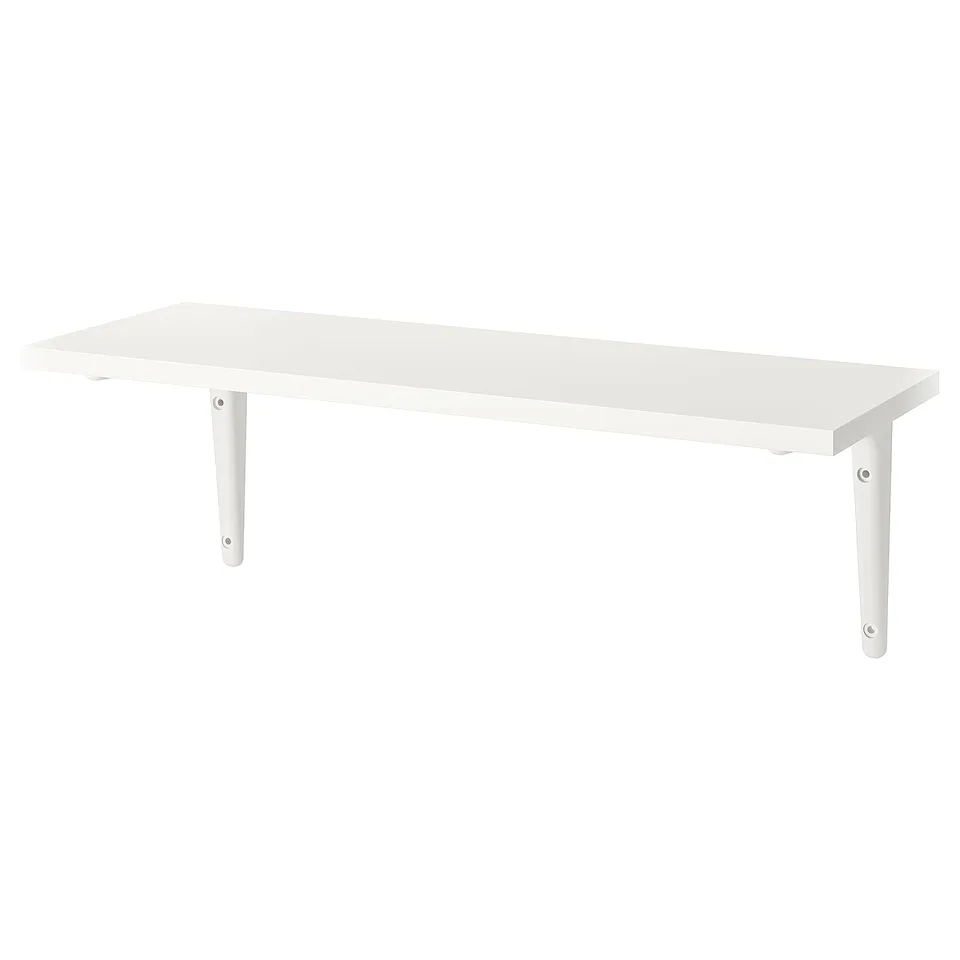 Image shows a white, rectangular BURHULT wall shelf with two plastic brackets.