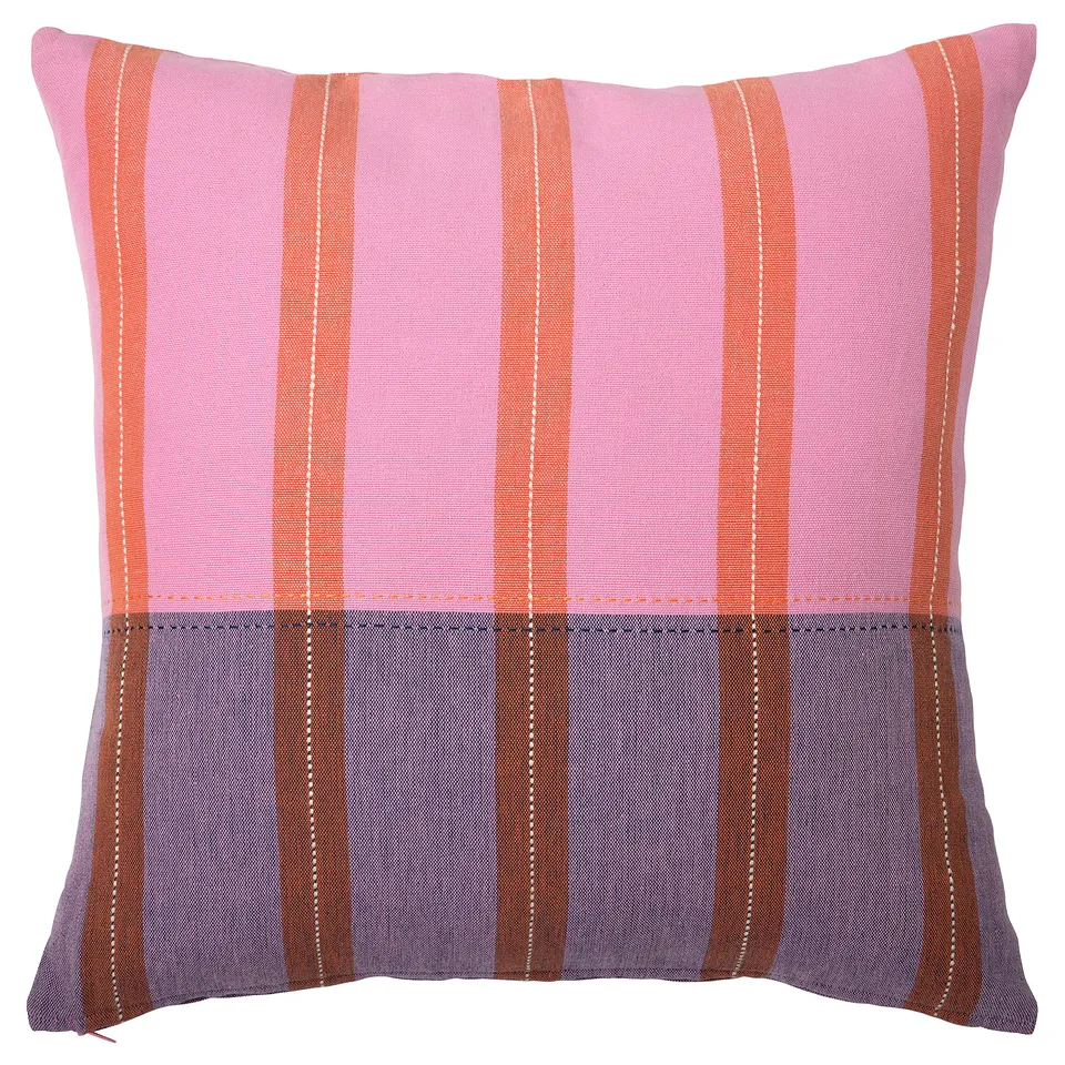 A square, colourful throw pillow named MÄVINN. It pink and orange stripes with a blue lower half and hand-stitched details. Made from 100% cotton.