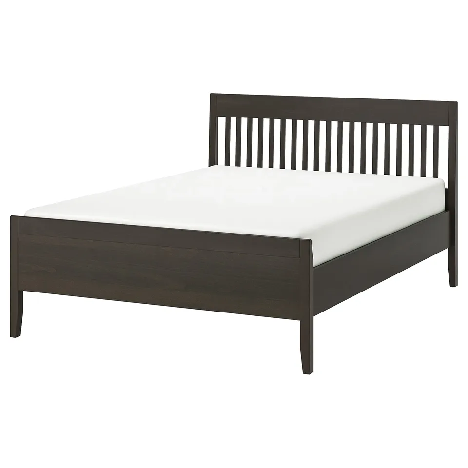 IDANÄS bed: dark wood, rectangular, with vertical slatted headboard.