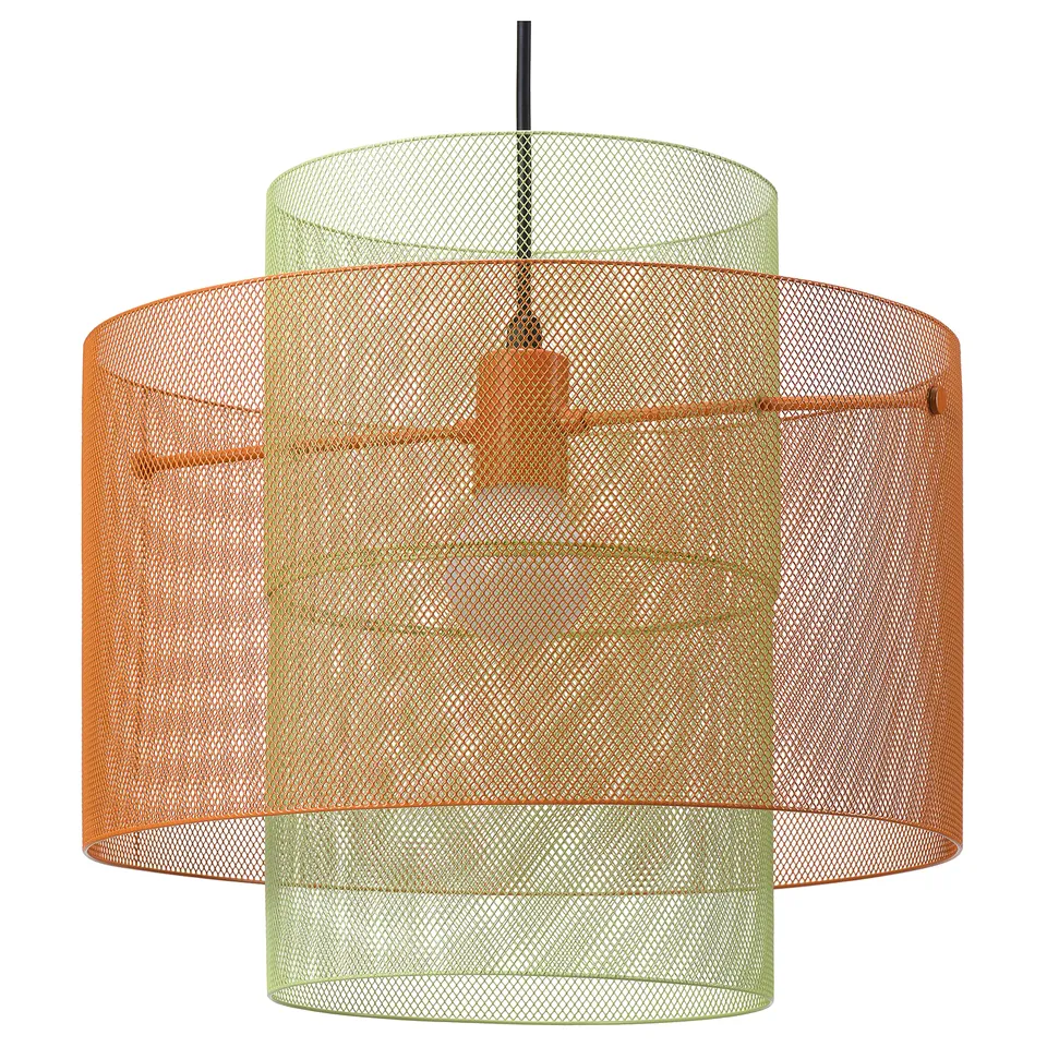 SOLVINDEN, orange pendant lamp. Mesh design, cylindrical shape.