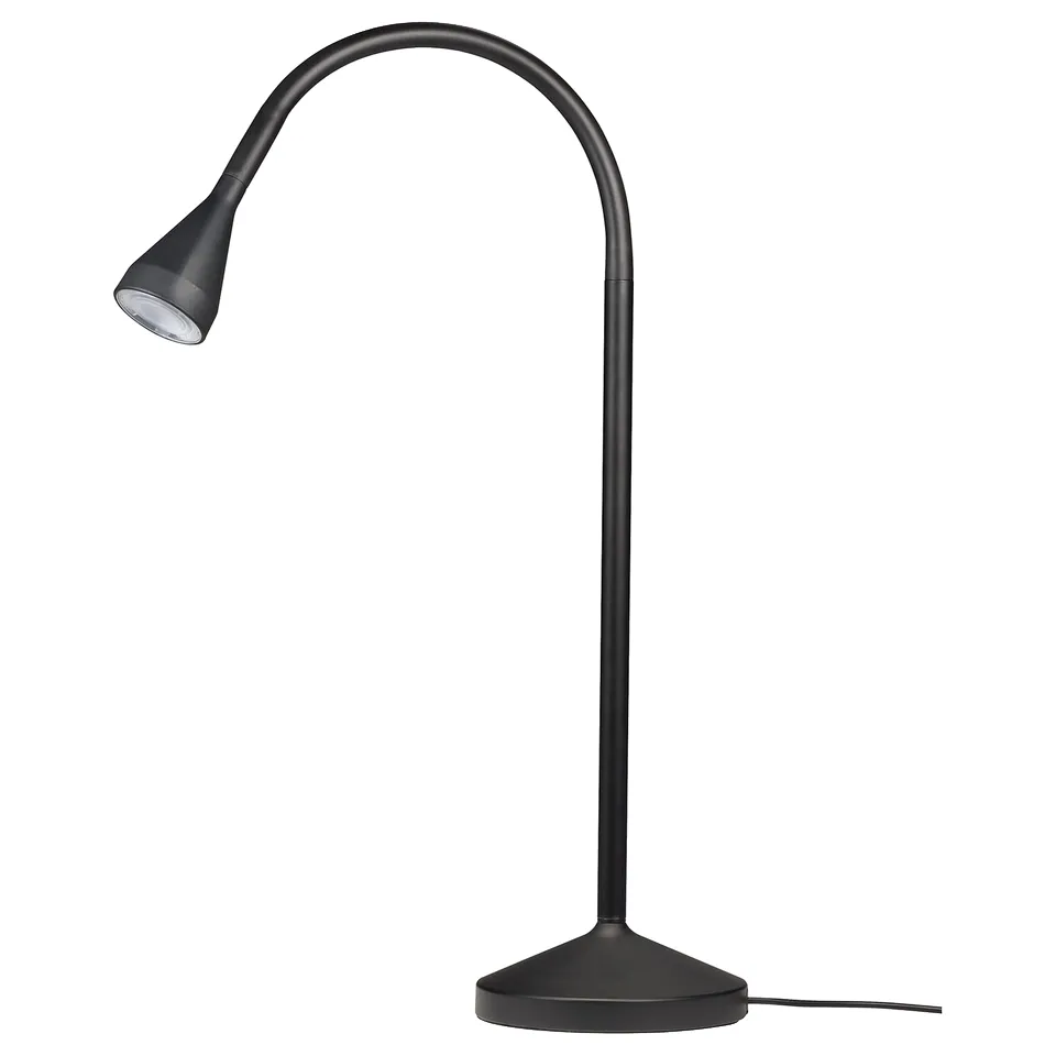 A black NÄVLINGE table lamp with a flexible neck, providing focused led light.
