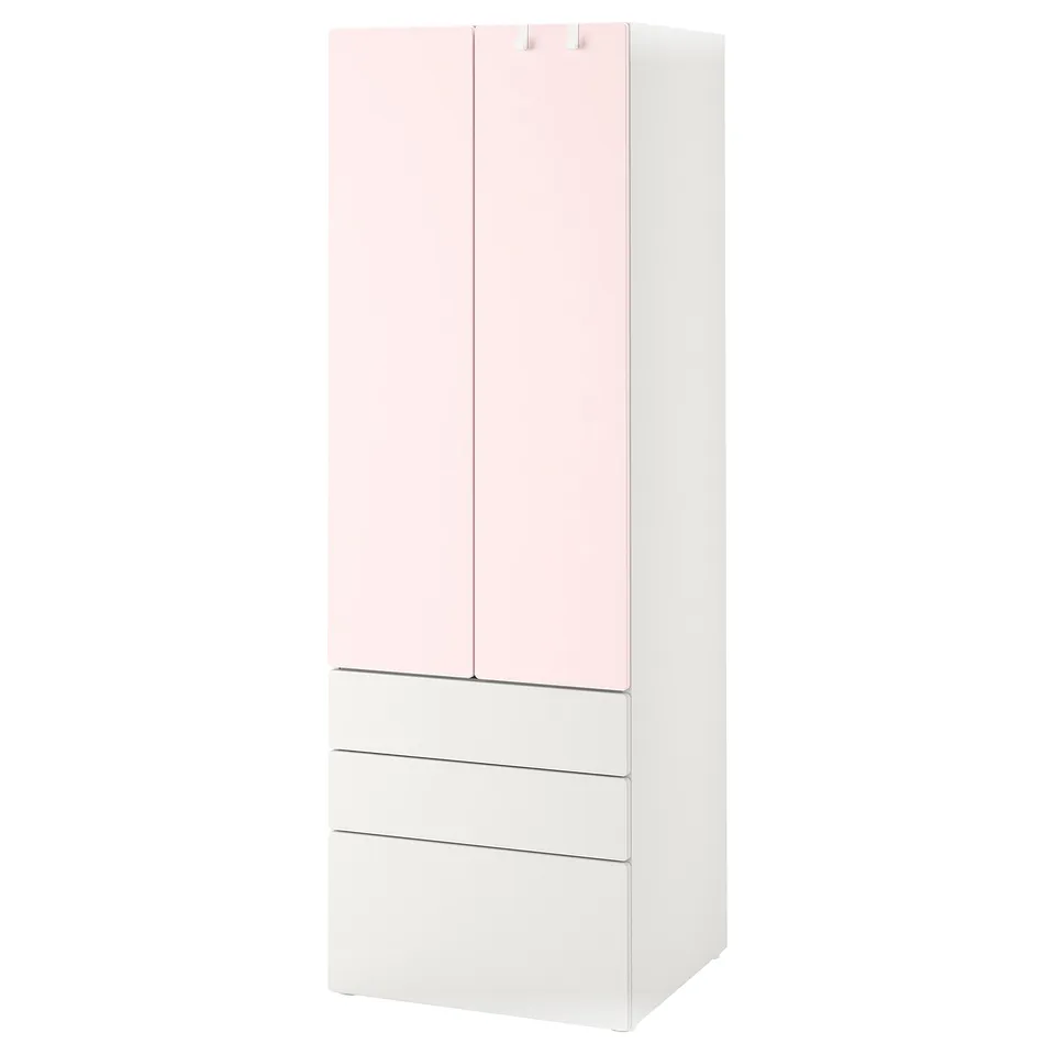 A SMÅSTAD wardrobe in white and light pink, featuring cabinets and drawers. It has a modern, minimalist design.