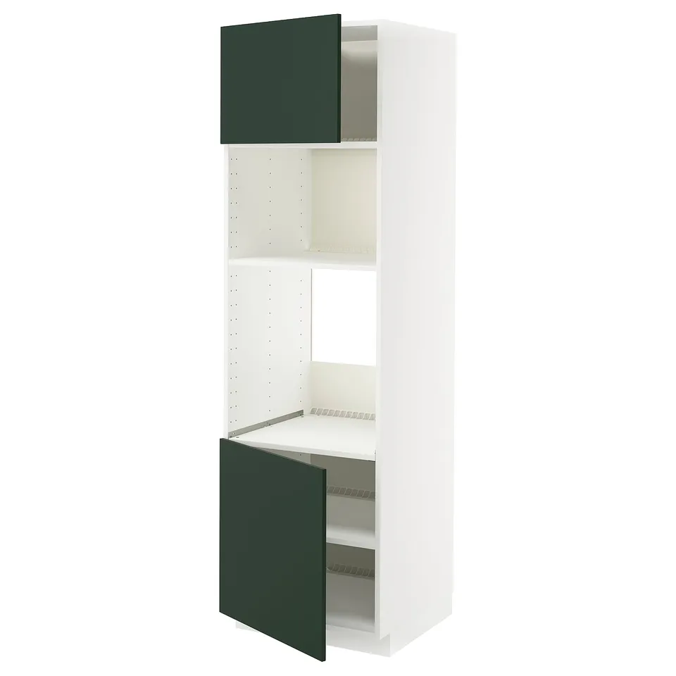 METOD kitchen unit with green havstorp doors, white shelves, and adjustable hinges.