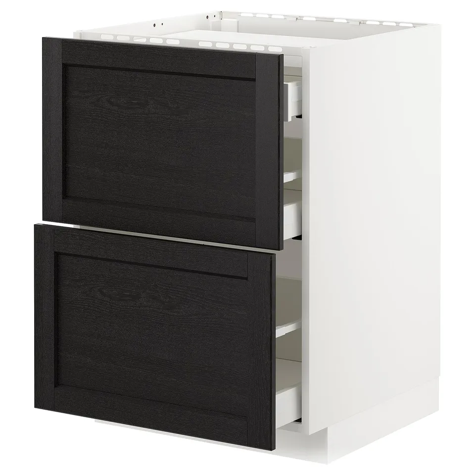 A métod kitchen cabinet with dark stained wood drawers and white exterior.