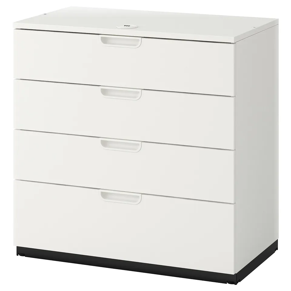 A white GALANT chest with four drawers, featuring clear handles and a sleek, modern design.