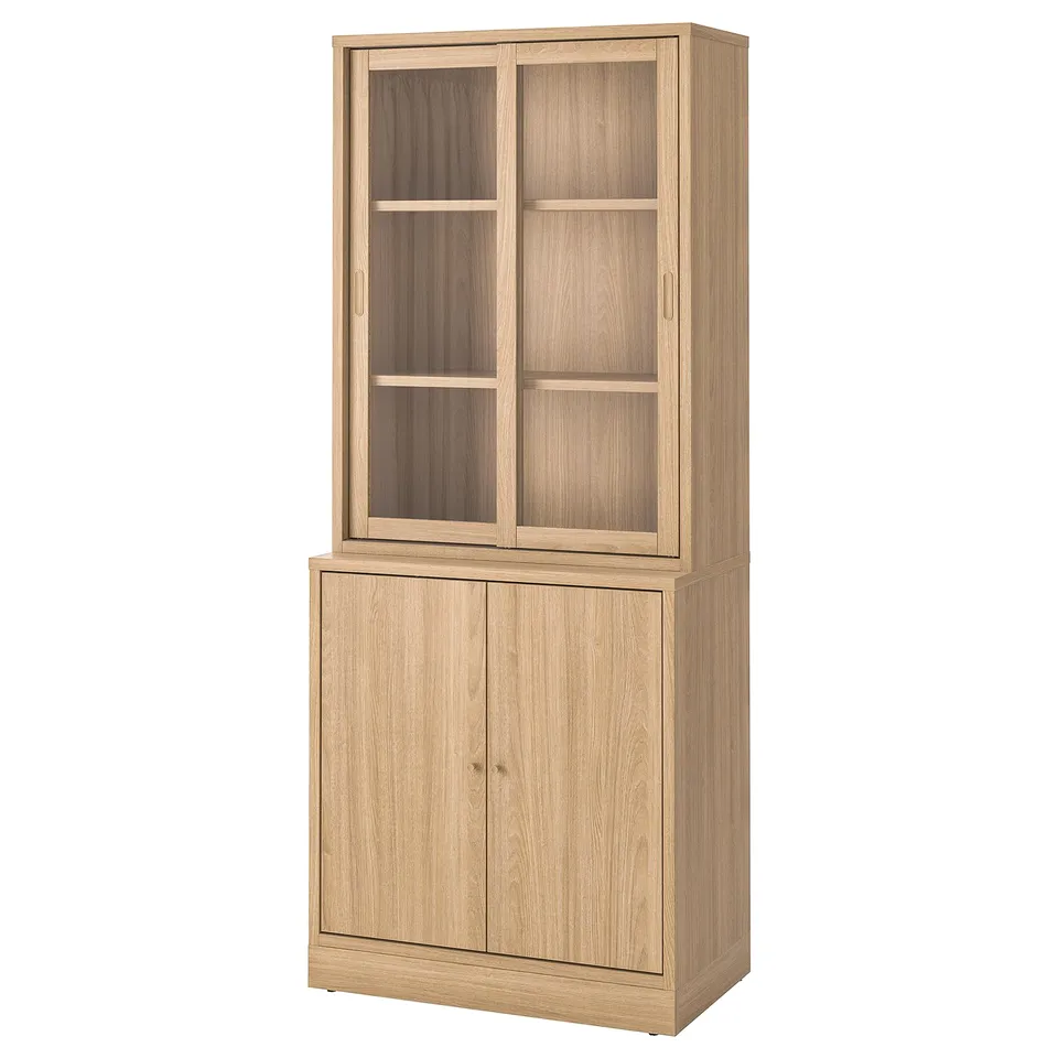 Wood TONSTAD cabinet with glass/solid doors, adjustable shelves.