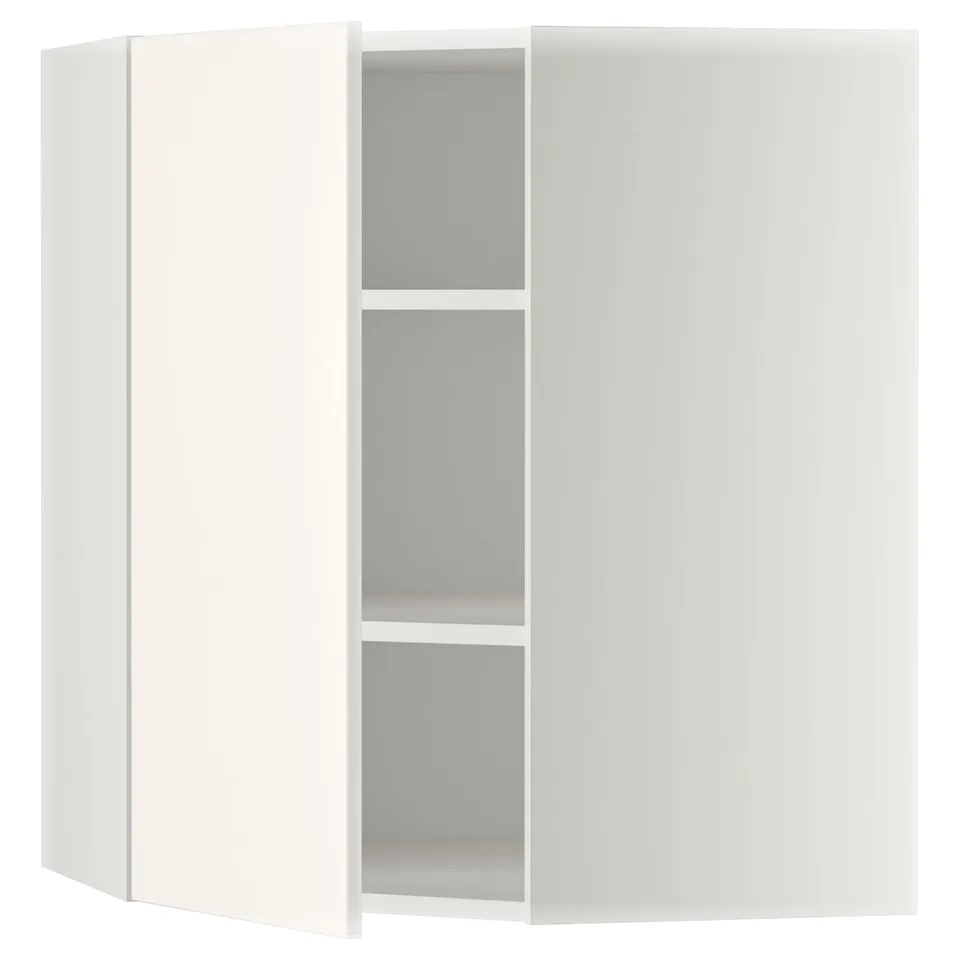 Image shows a white METOD kitchen corner cabinet with two open shelves.