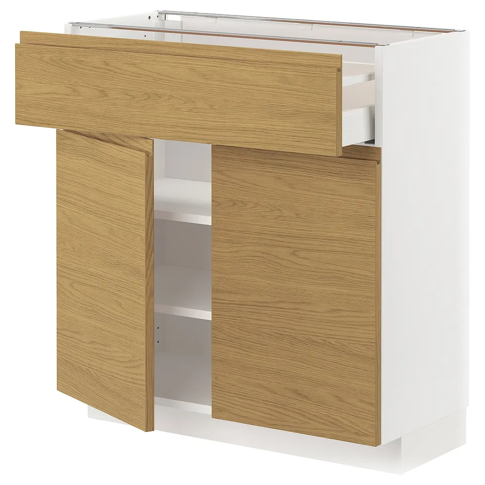 Modern kitchen unit: METOD with oak-gray voxtorp fronts, minimalist design, light wood and white, rectangular.