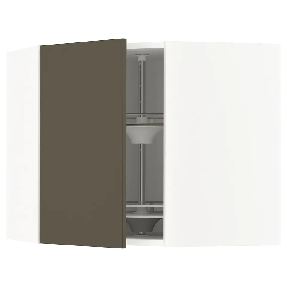 METOD dark brown havstorp kitchen cabinet with glass shelves.