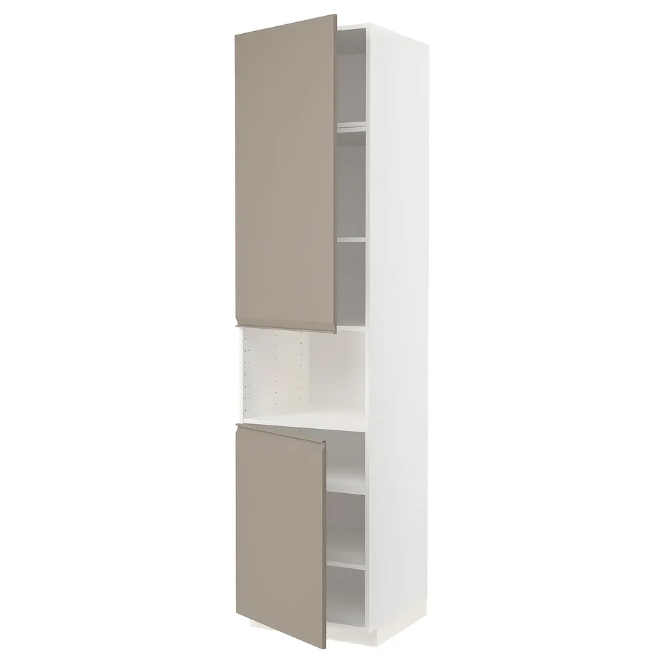 Beige METOD kitchen cabinet with integrated handle and white frame.