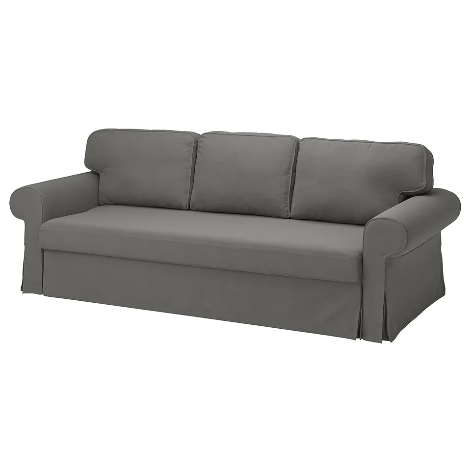 Grey VRETSTORP sofa with rolled arms, 3 cushions, modern design.