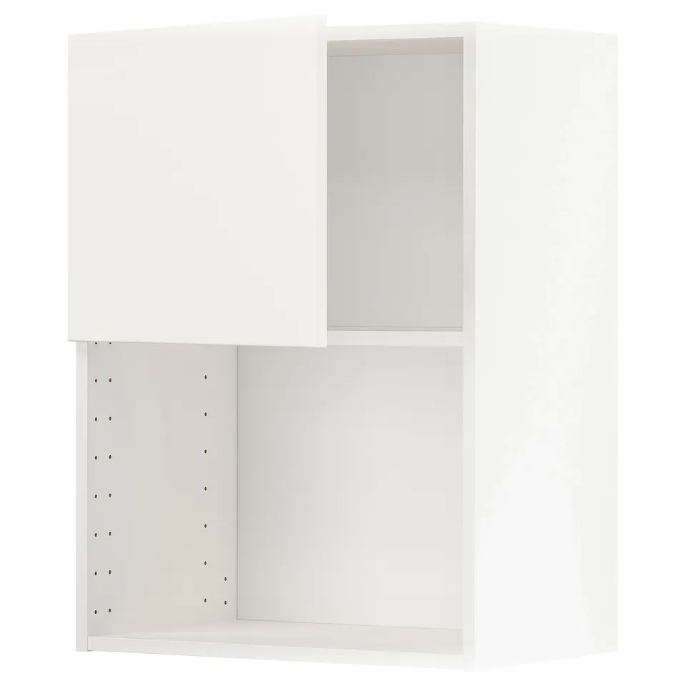 A white METOD kitchen cabinet with an adjustable shelf and screwless hinge capability.