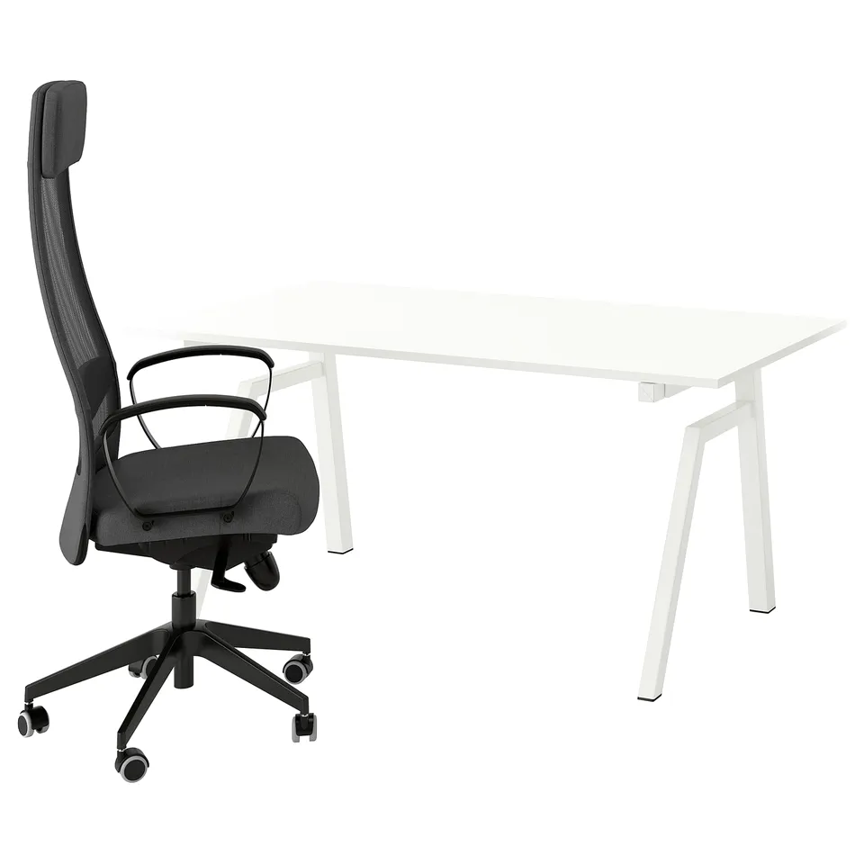 Black office chair & white adjustable desk. Modern minimalist design.