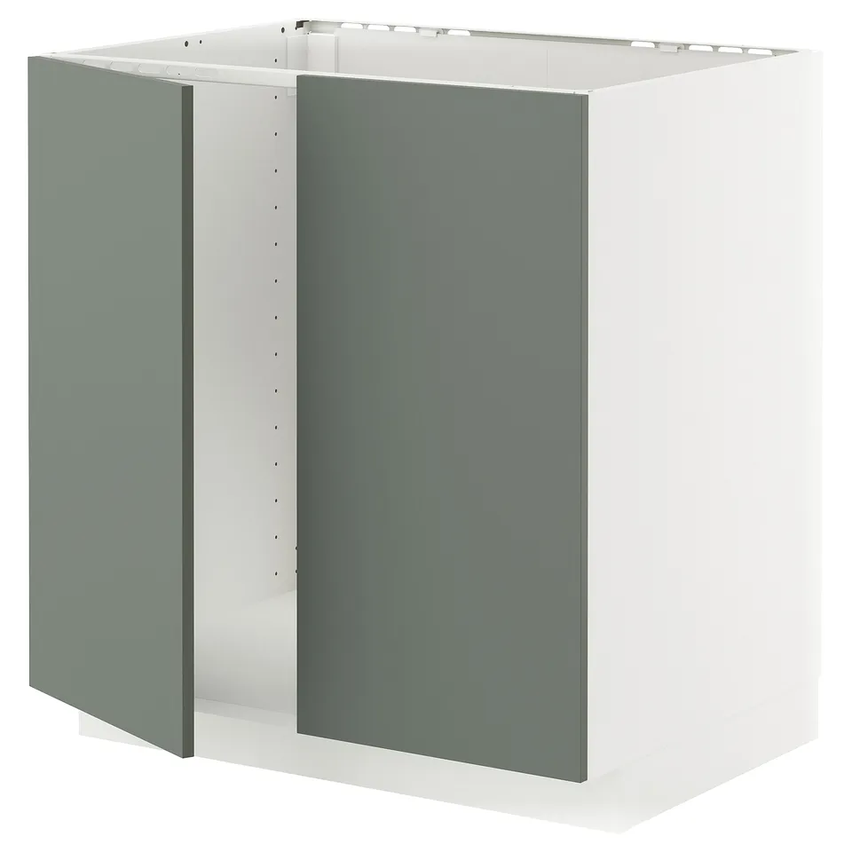 A METOD kitchen cabinet in white with grey-green doors. It has a modern, square shape with snap-on hinges.