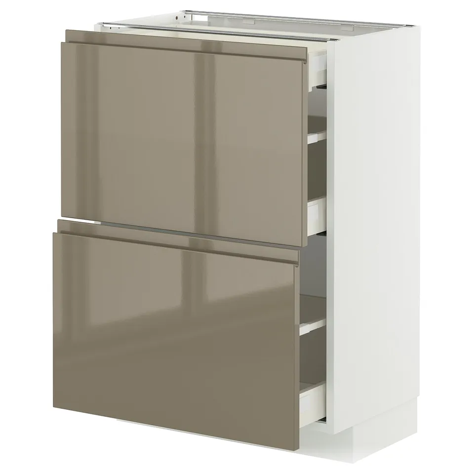 Modern kitchen cabinet, METOD. White & brown. Metallic finish. Two large drawers open. Sleek, integrated handles.