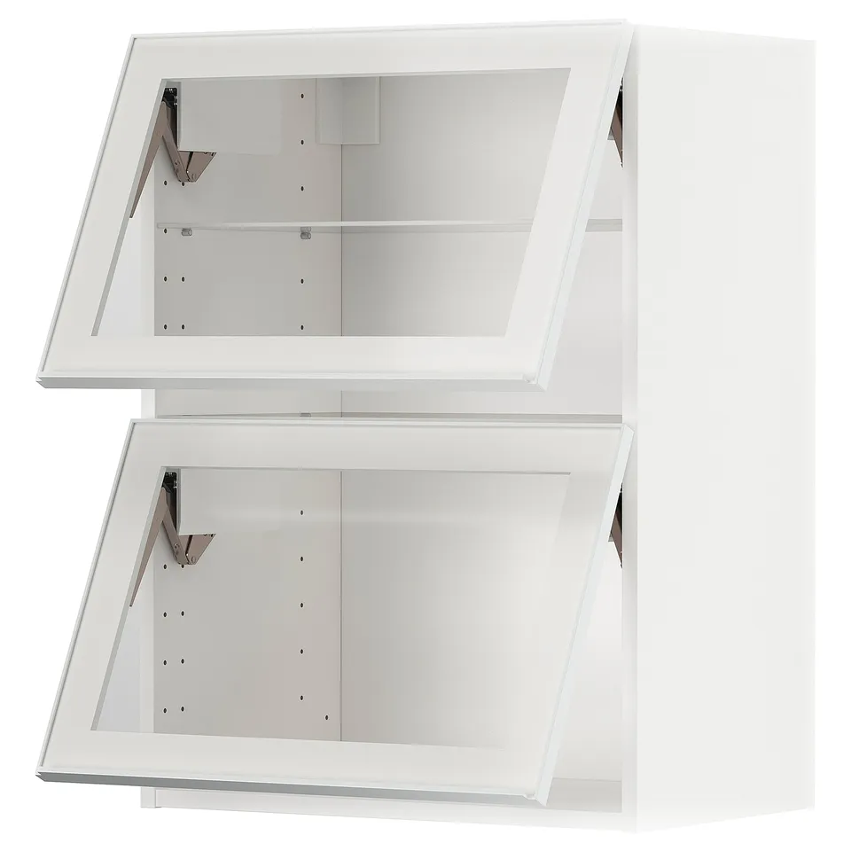 Two white METOD kitchen wall cabinets with glass doors and metal frames, designed for modern kitchens.
