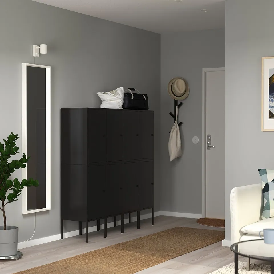 Black LIXHULT storage cabinet, modern design, tall & narrow, steel with epoxy finish, fits versatile spaces.