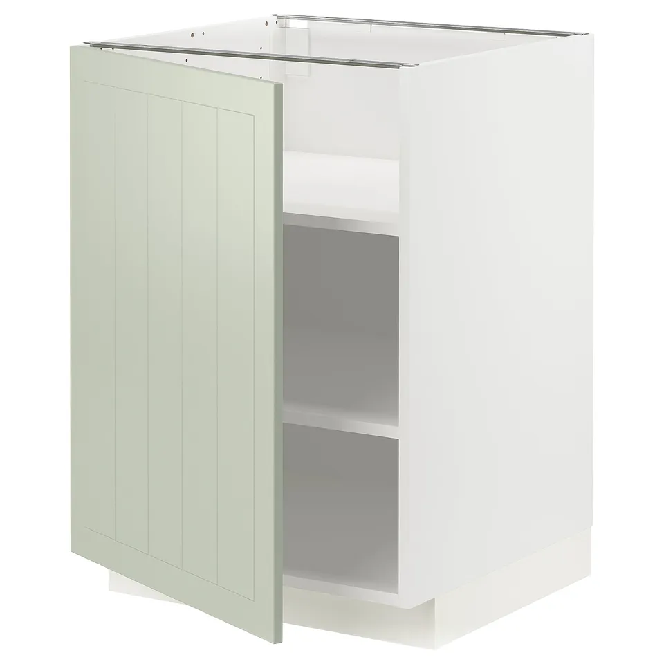 Green wooden METOD kitchen cabinet with 2 shelves.