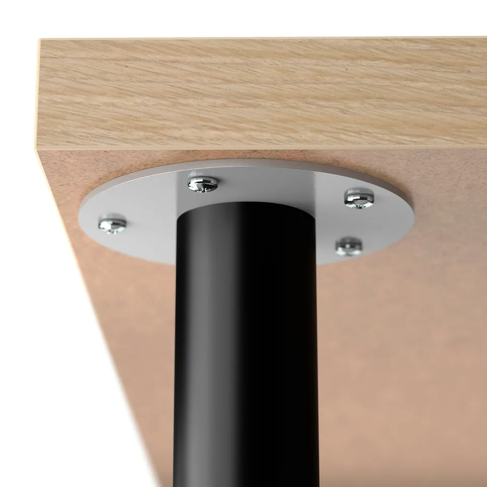 Wooden table top with pre-drilled holes attached to sturdy metal leg via screws.
