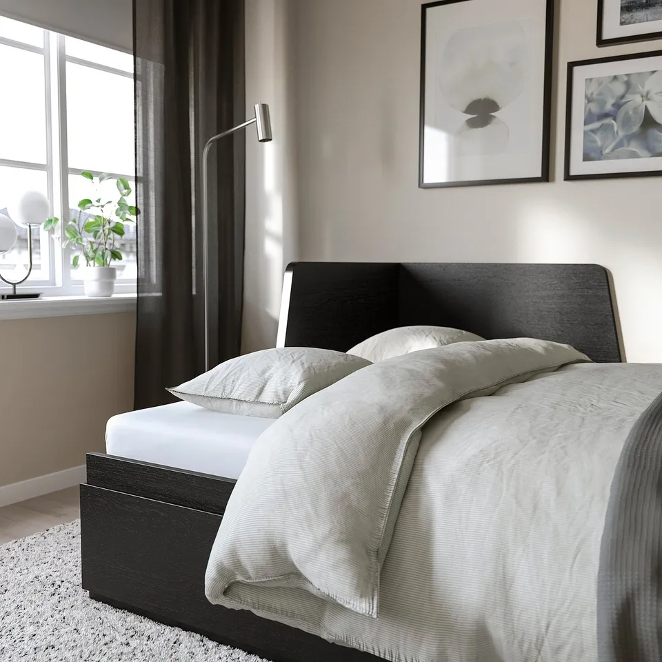 Modern bed with large drawers for storage, versatile for small spaces. Foam mattress provides comfort.