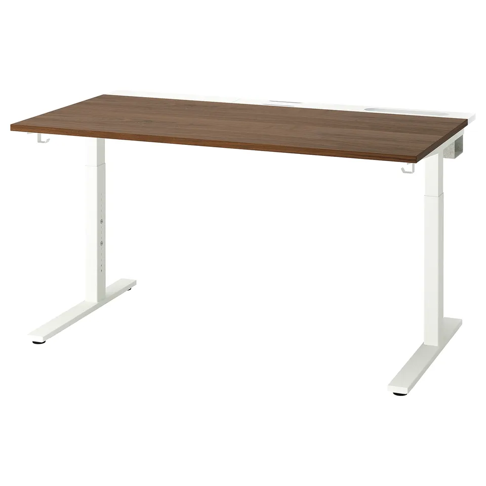 MITTZON desk, brown, sturdy white legs, rectangular, adjustable height.