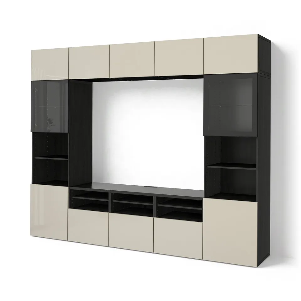 BESTÅ TV storage combination/glass doors, black-brown/Selsviken high-gloss/beige clear glass, 300x42x231 cm