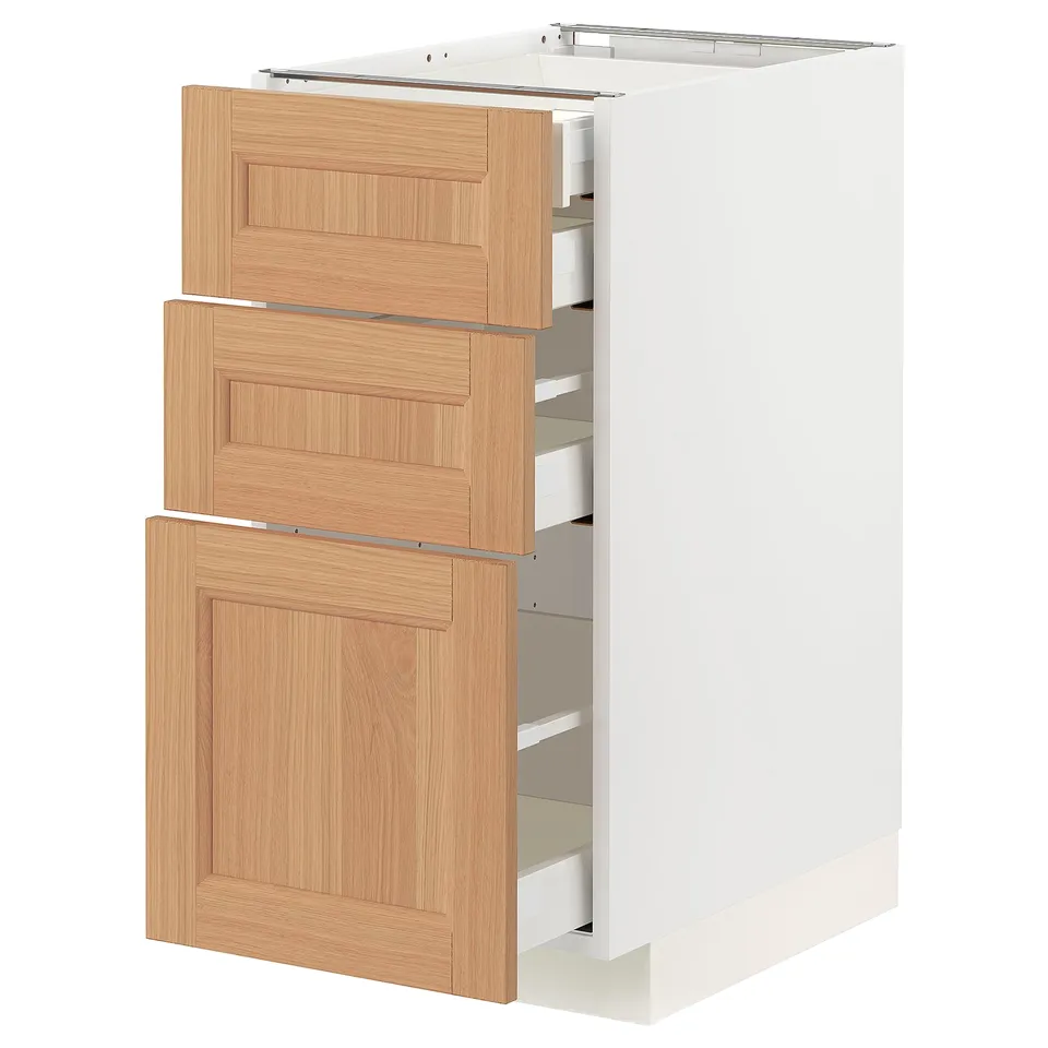 METOD white kitchen cabinet with oak drawers, sleek design, pull-out drawers.