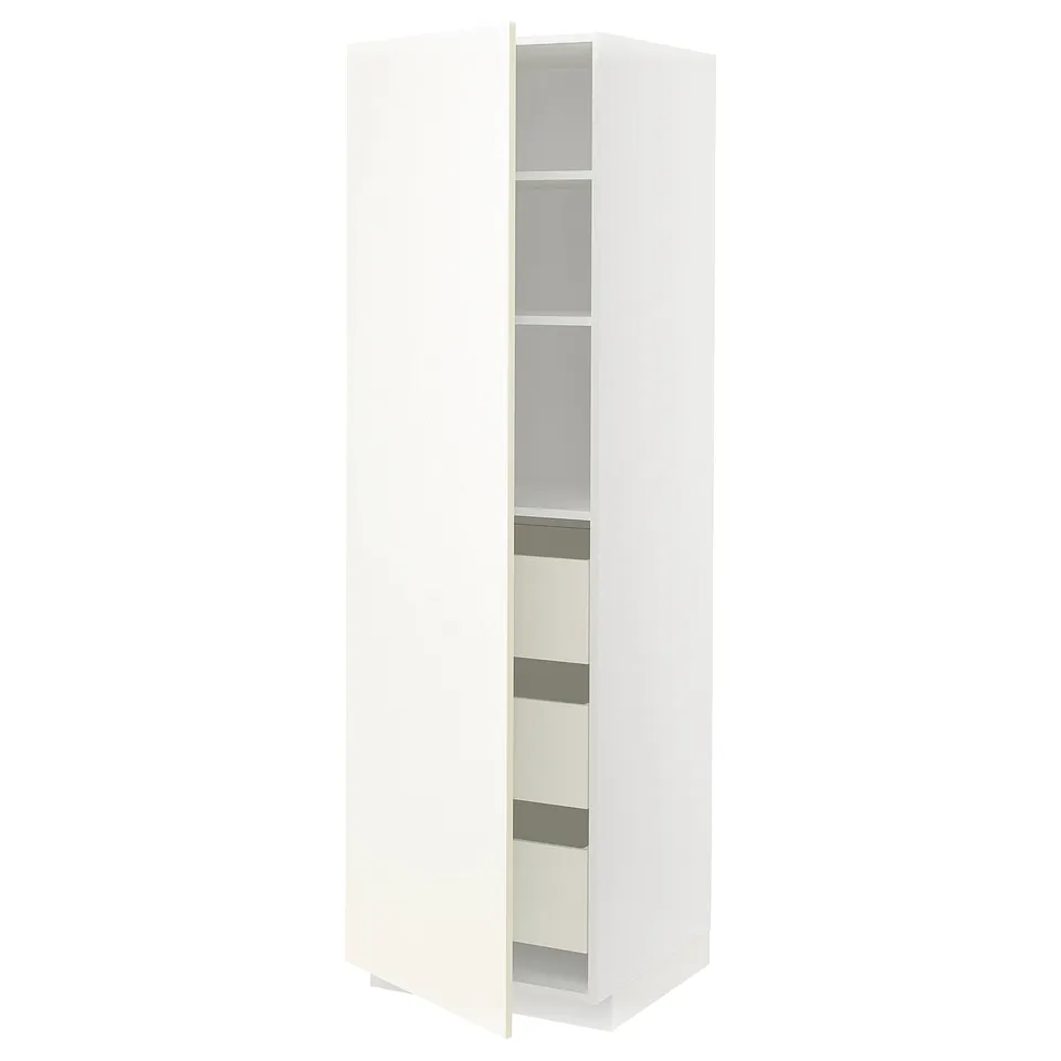 A white METOD tall kitchen cabinet with glass doors, four shelves, and a modern design.