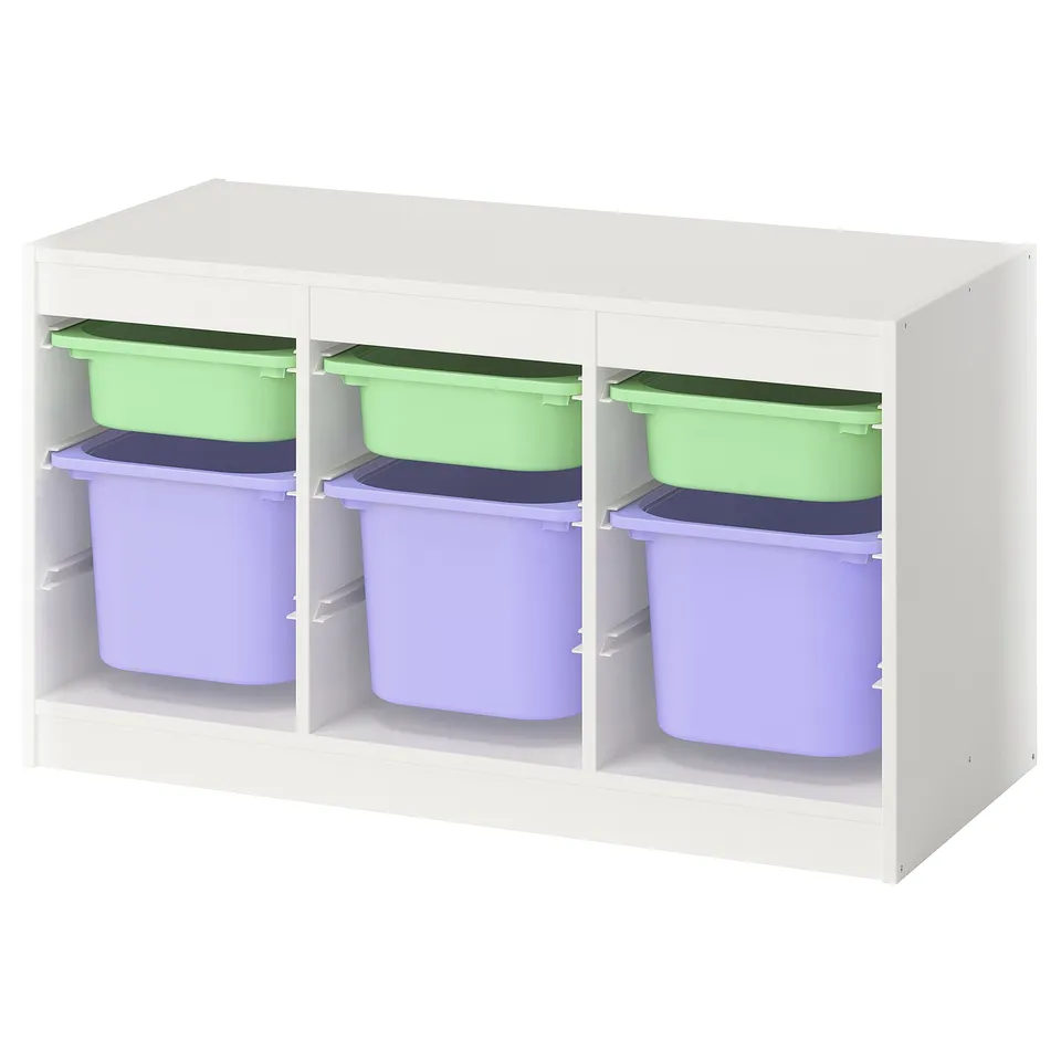White TROFAST kids storage with purple and green bins.