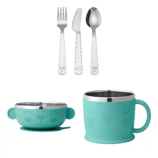 FABLER/KANONKUL set: 3-piece cutlery set + bowl + mug