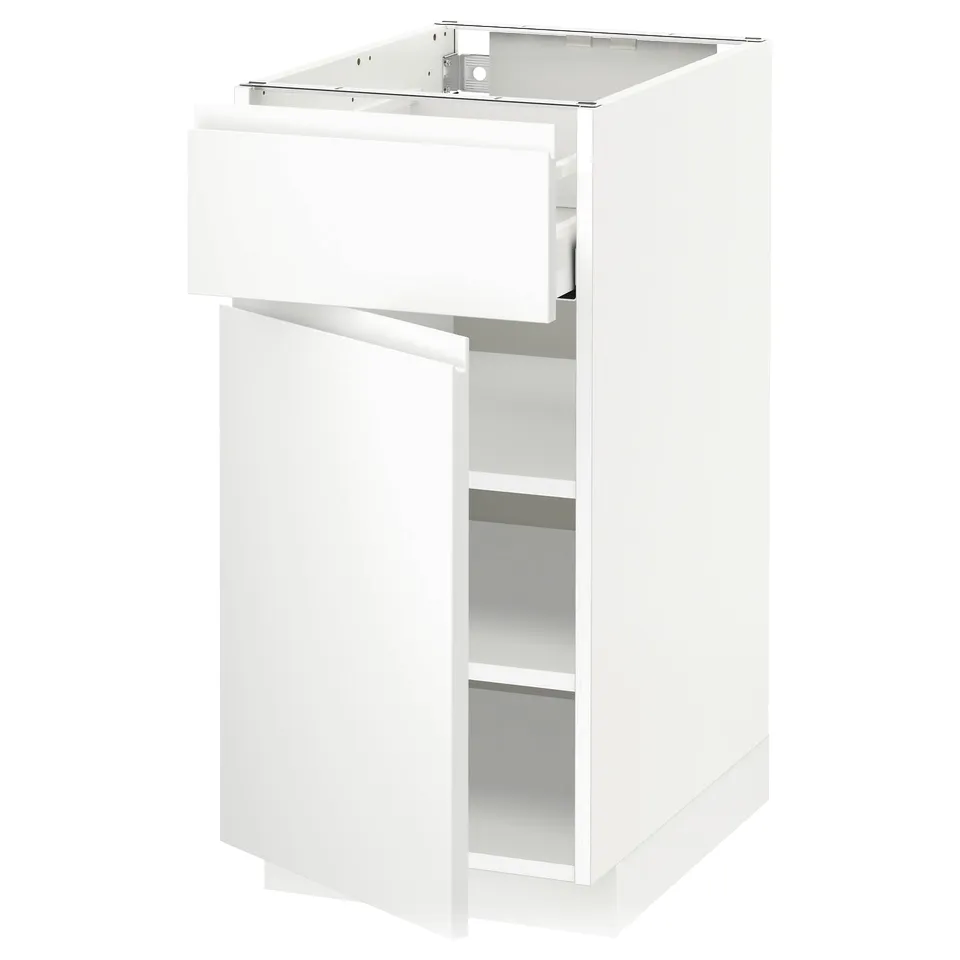 A white ikea METOD kitchen cabinet with a sleek, modern design and a single drawer.