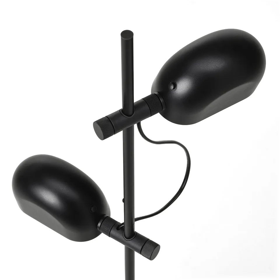 Modern black floor lamp with two adjustable, independently controlled lamp heads, ideal for task lighting, stands tall on white background.