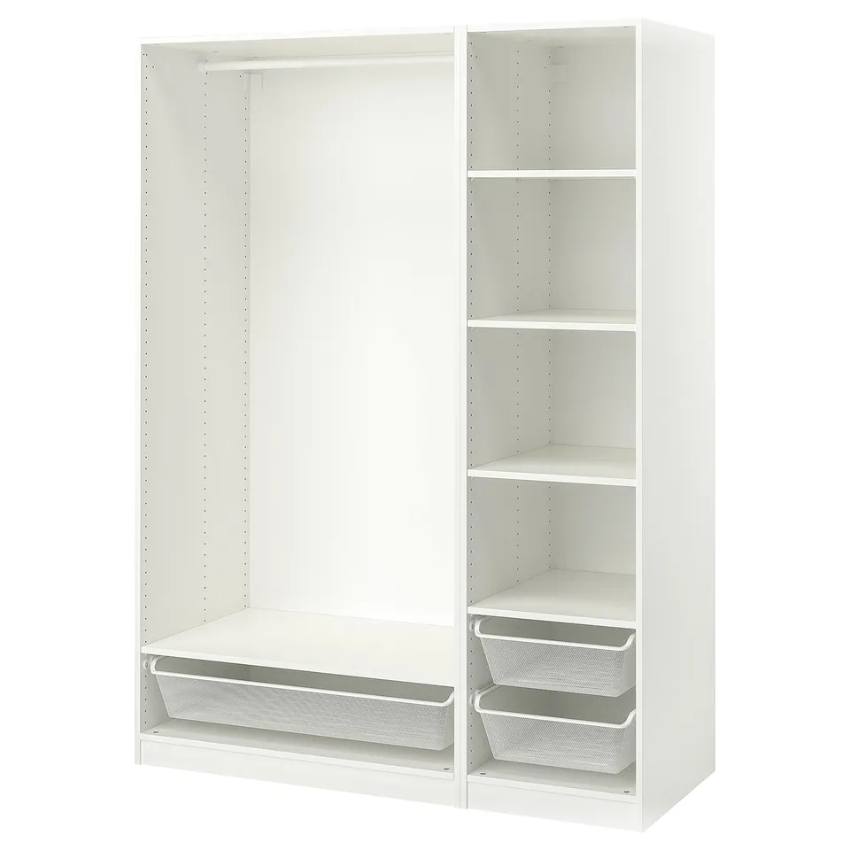 A white ikea PAX wardrobe with open shelves and mesh drawers.