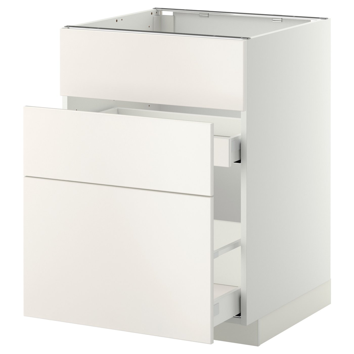 A modern white kitchen cabinet from IKEAs METOD system. It sleek, smooth lines and includes drawers with self-closing mechanisms.