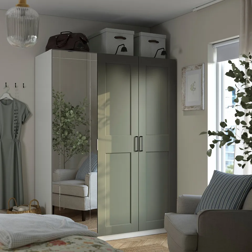 PAX / KAMMARTORP/GRIMO Wardrobe combination, white mirror glass/grey grey-green, 150x60x201 cm