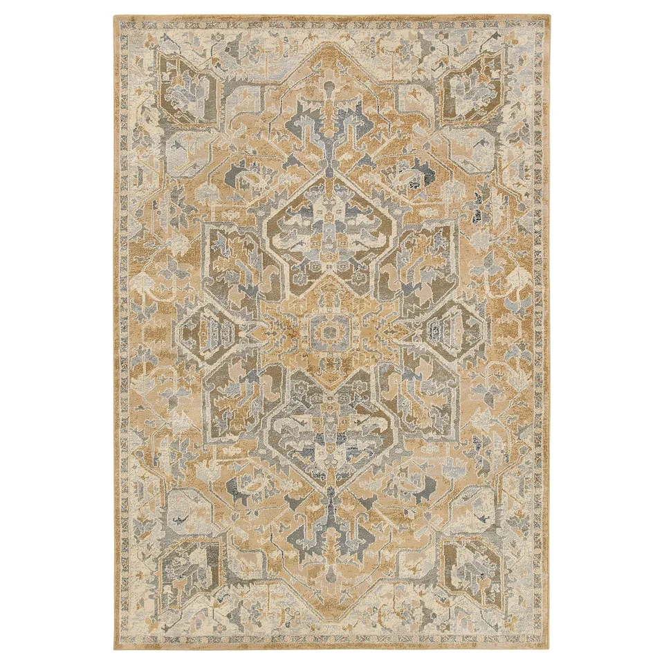 A beige JÄRNVÄG rug with intricate designs, made from recycled materials.