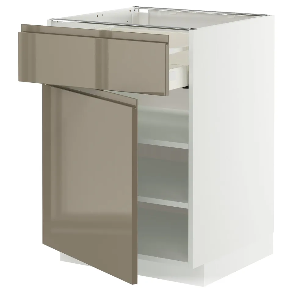 Modern kitchen cabinet: METOD. White & sleek, high gloss brown doors with steel handles, medium size, adjustable shelves, sturdy frame.